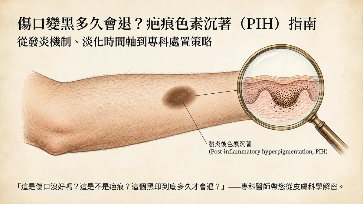 傷口變黑多久會退?疤痕色素沉著(PIH)指南:從發炎機制、淡化時間軸到專科處置策略主圖
