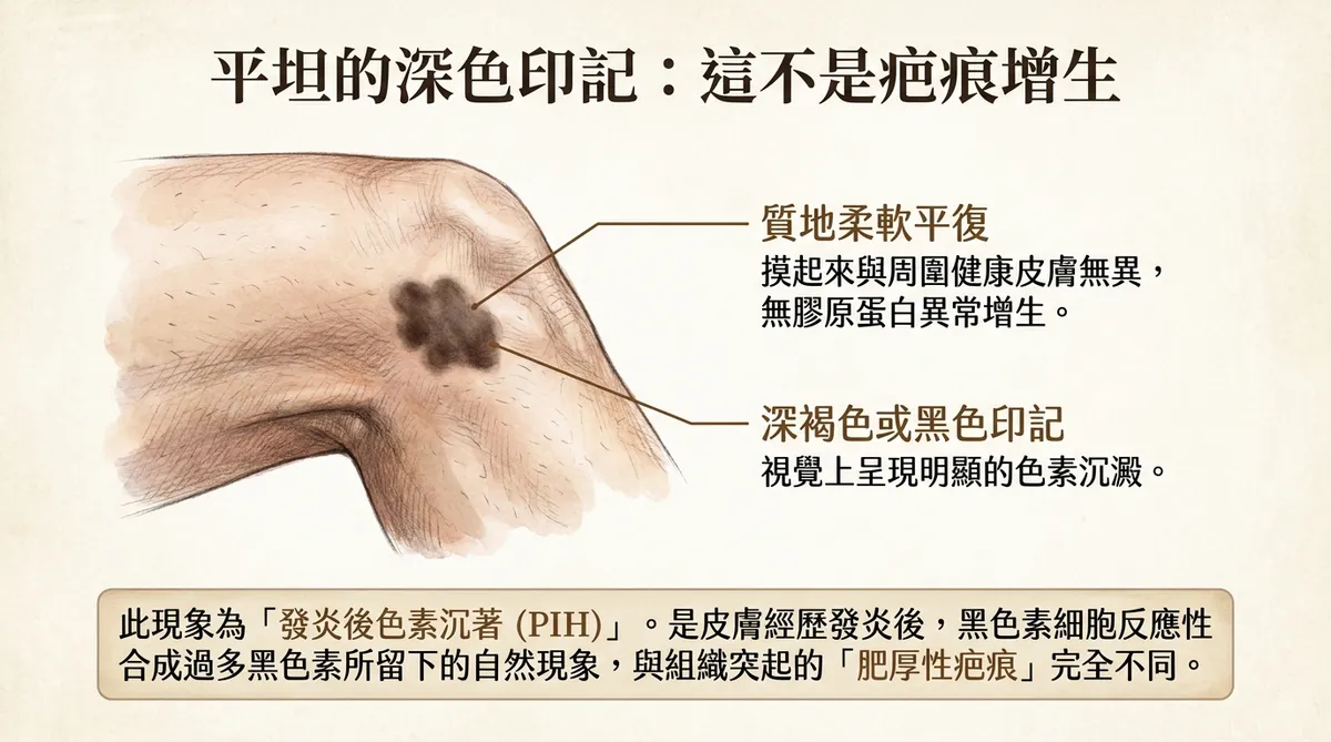 平坦的深色印記:這不是疤痕增生,質地柔軟平復與深褐色黑色印記特徵圖解