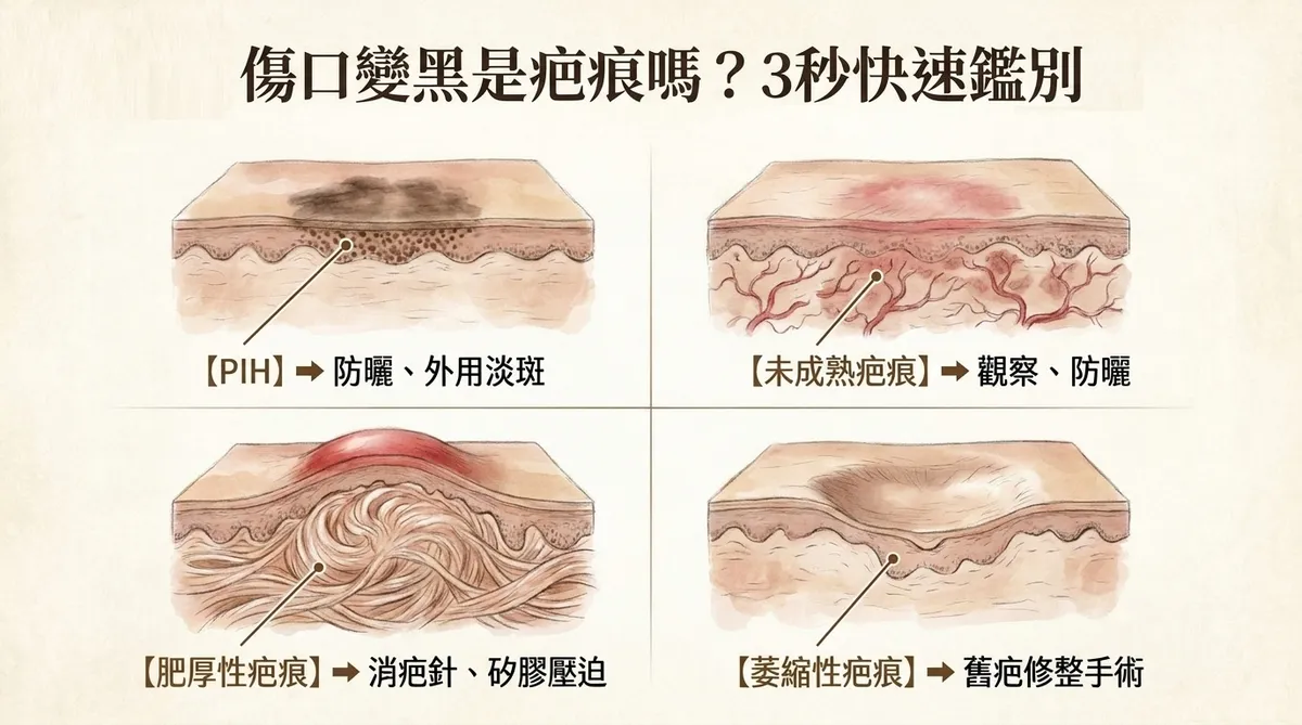 傷口變黑是疤痕嗎?3秒快速鑑別矩陣:PIH、未成熟疤痕、肥厚性疤痕與萎縮性疤痕處置對照圖