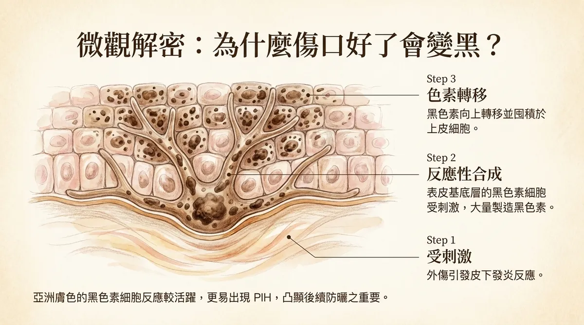 微觀解密:為什麼傷口好了會變黑?受刺激、反應性合成與色素轉移之病理機制圖解