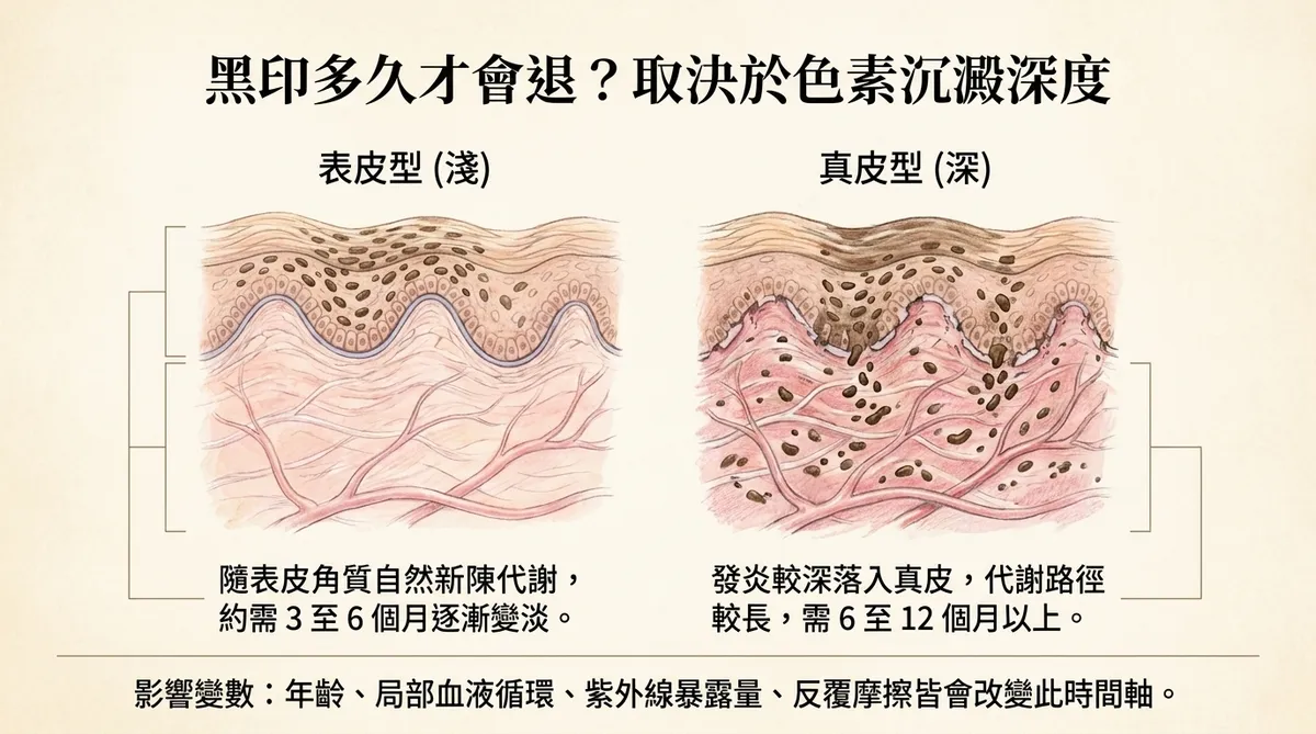 黑印多久才會退?取決於色素沉澱深度:表皮型(淺)3至6個月 vs 真皮型(深)6至12個月以上代謝歷程圖