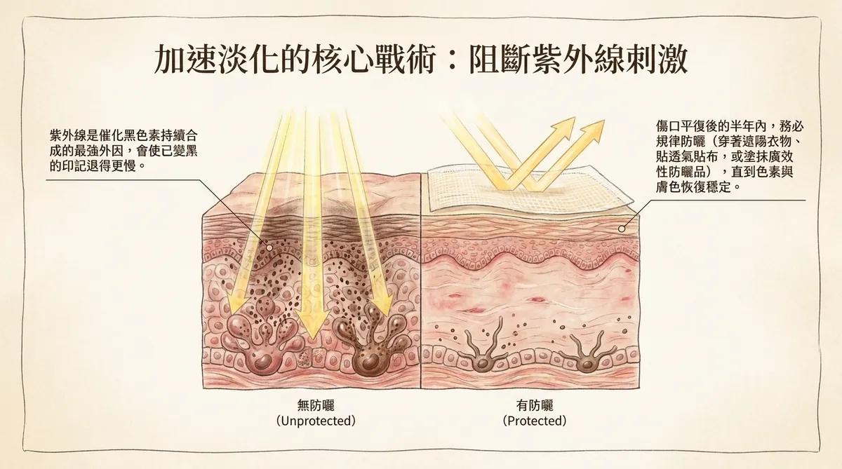加速淡化的核心戰術:阻斷紫外線刺激,無防曬(黑色素持續合成)vs 有防曬(色素穩定消退)比較圖