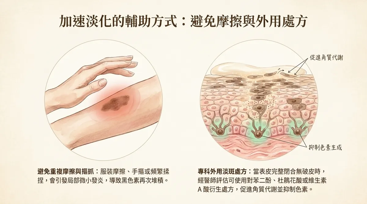 加速淡化的輔助方式:避免重複摩擦摳抓與專科外用淡斑處方促進角質代謝機制圖解
