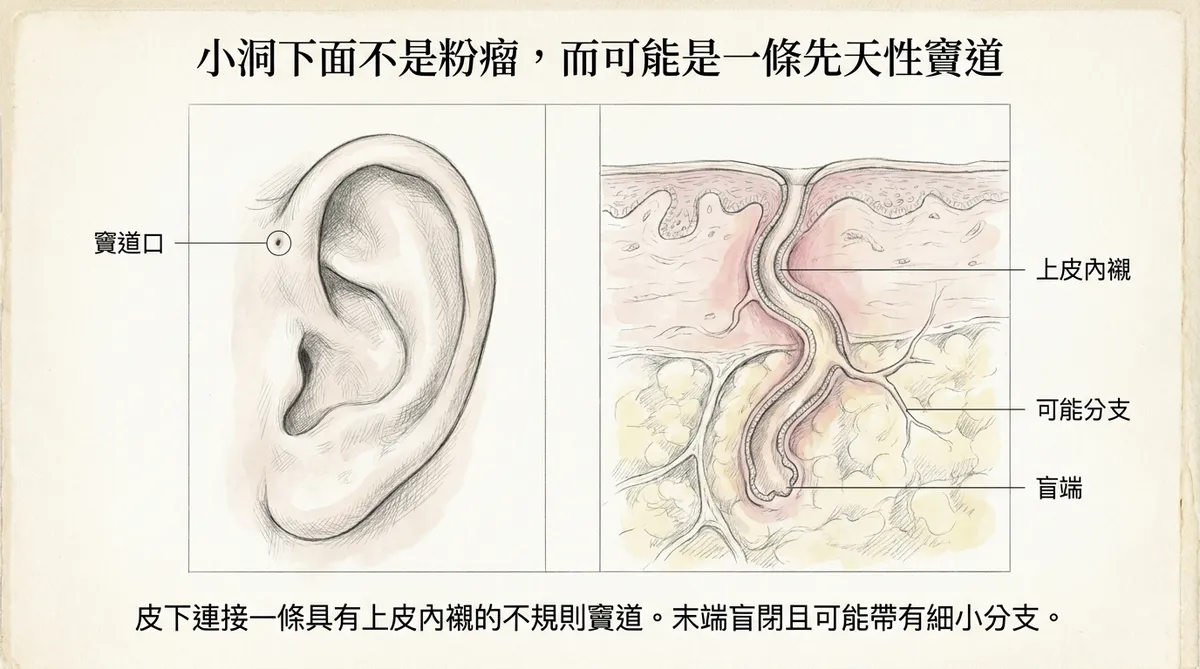 小洞下面不是粉瘤而可能是一條先天性竇道:竇道口、上皮內襯、分支與盲端解剖剖面圖