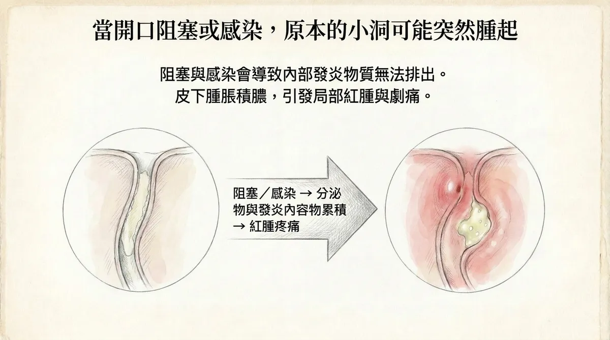 當開口阻塞或感染原本的小洞可能突然腫起:分泌物發炎內容物累積導致皮下腫脹積膿圖解