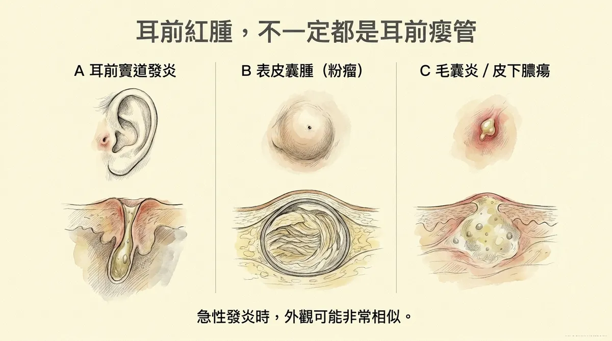 耳前紅腫不一定都是耳前廔管:耳前竇道發炎、表皮囊腫粉瘤與毛囊炎皮下膿瘍鑑別圖