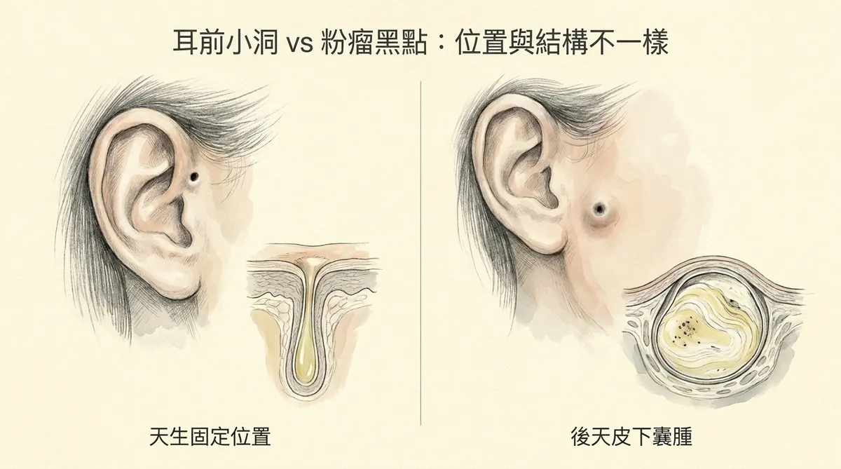 耳前小洞vs粉瘤黑點位置與結構差異:天生固定位置耳前小洞與後天皮下表皮囊腫對照圖