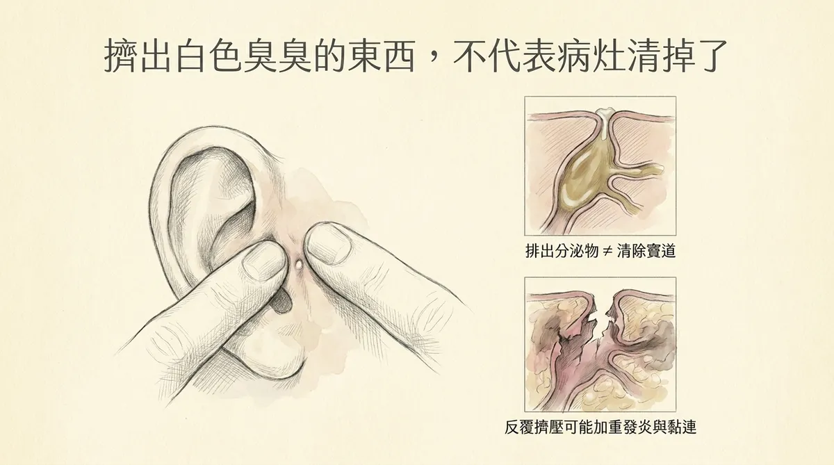 擠出白色臭臭的東西不代表病灶清掉了:排出分泌物不等於清除竇道,反覆擠壓加重發炎黏連圖解