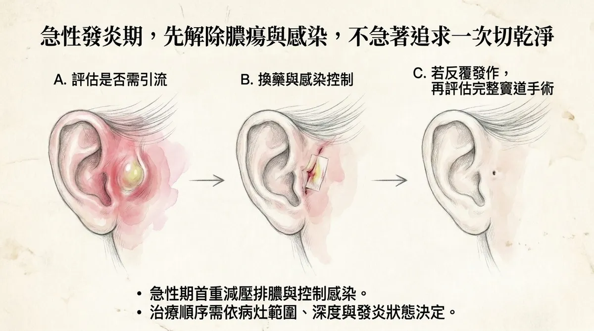 急性發炎期處置流程:評估引流、換藥感染控制與發炎穩定後竇道手術評估圖解