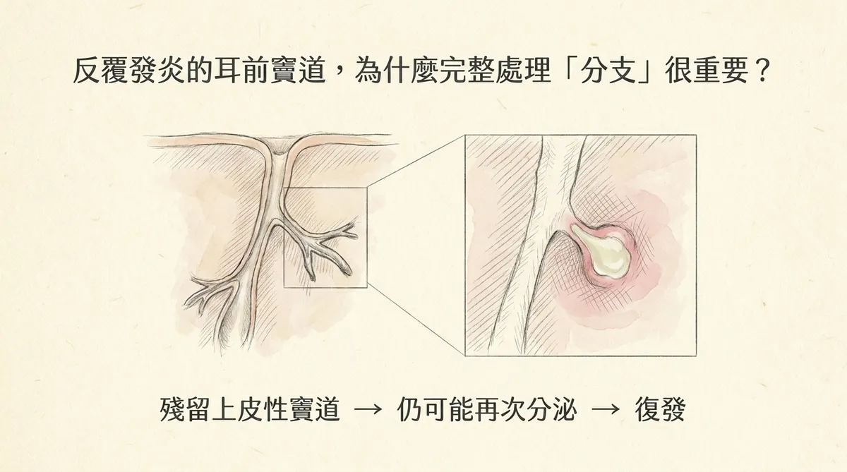 反覆發炎耳前竇道完整處理分支重要性:殘留上皮性竇道導致分泌復發病理圖解