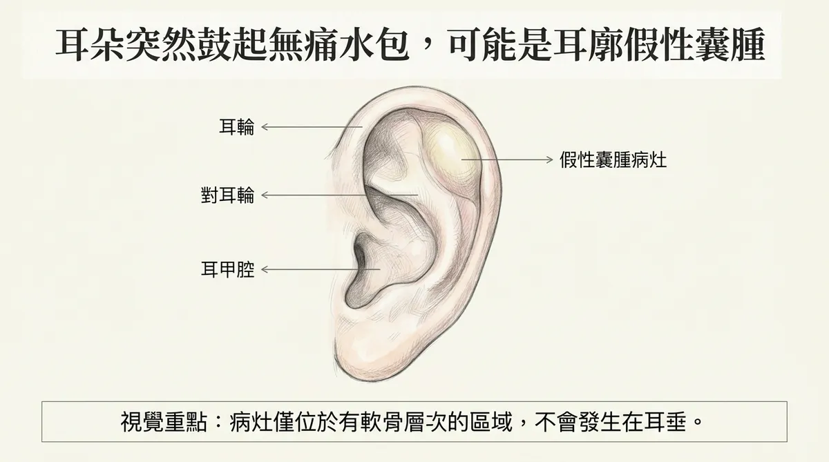 耳朵突然鼓起無痛水包可能是耳廓假性囊腫示意圖:病灶位於軟骨層次區域解剖圖解