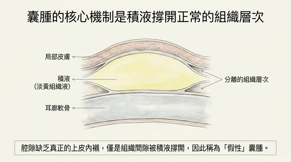 耳廓假性囊腫核心機制:積液撐開正常組織層次、缺乏上皮內襯之病理剖面圖