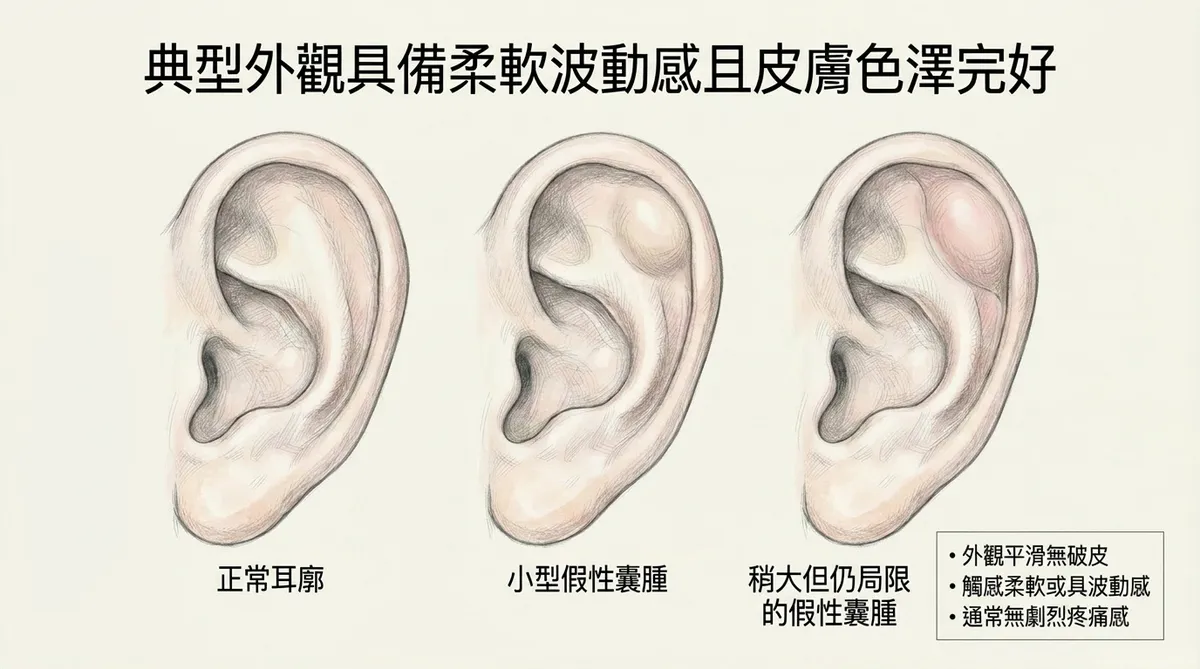 耳廓假性囊腫典型外觀:正常耳廓、小型假性囊腫與局限性假性囊腫柔軟波動感特徵對照圖