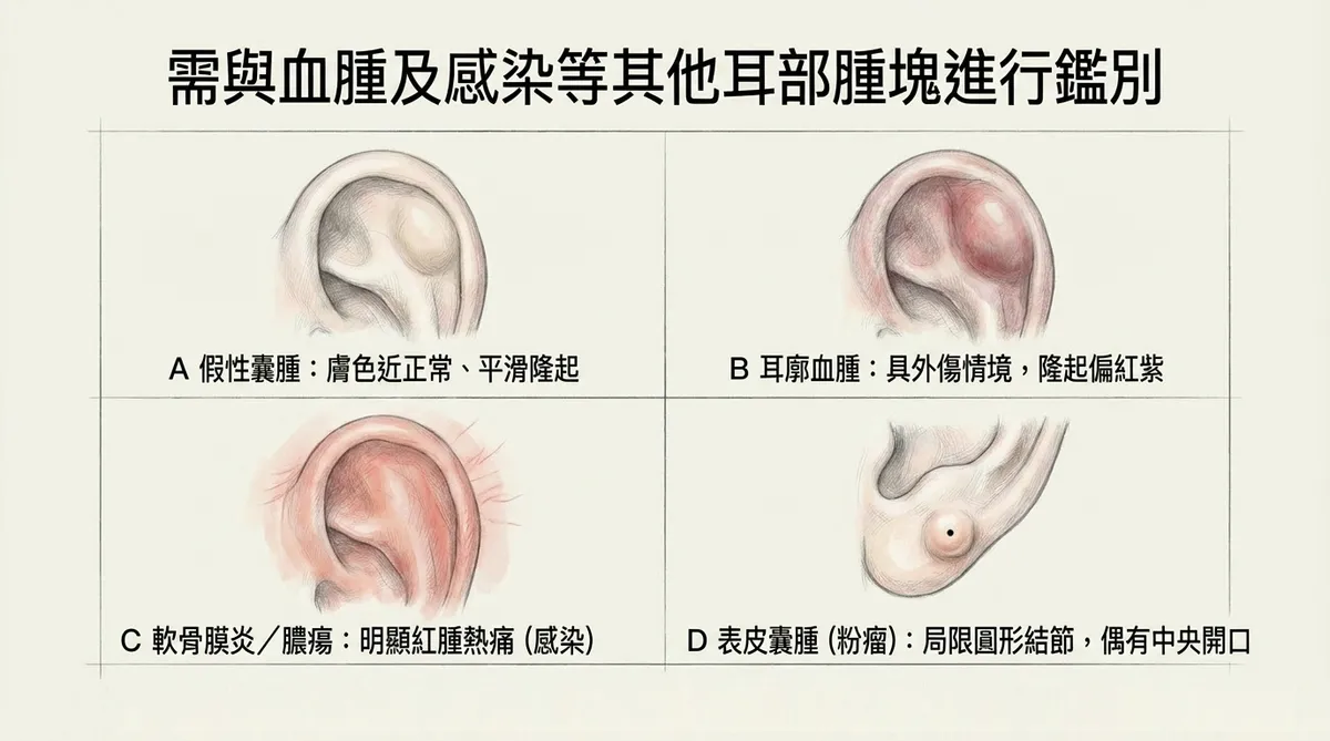 耳部腫塊鑑別診斷:假性囊腫、耳廓血腫、軟骨膜炎與表皮囊腫外觀特徵對照圖