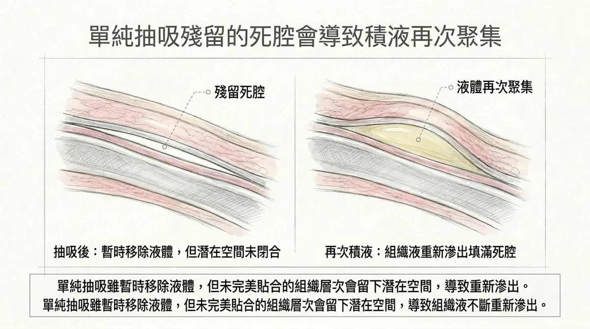 單純抽吸殘留死腔導致積液再次聚集:抽吸後暫時移除液體與再次積液滲出剖面機制圖