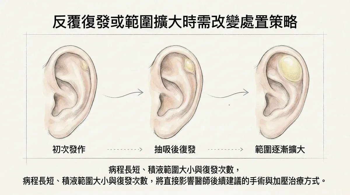 反覆復發或範圍擴大時需改變處置策略:初次發作、抽吸後復發與範圍逐漸擴大病程示意圖