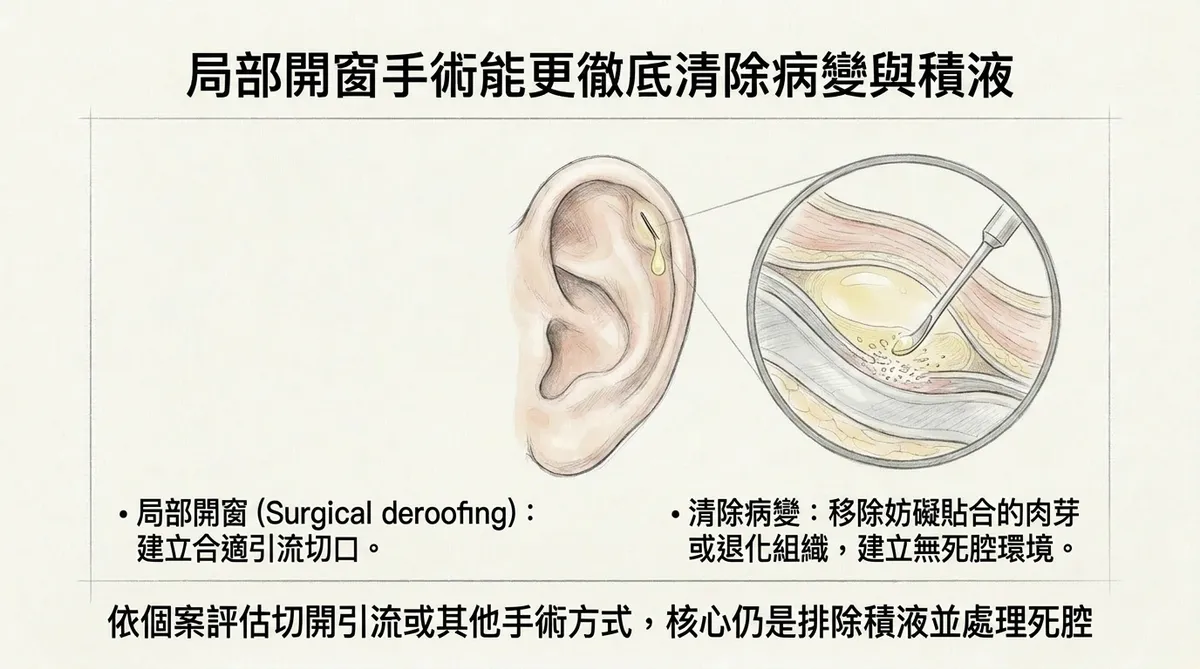 局部開窗手術(Surgical deroofing):建立合適引流切口與清除妨礙貼合之病變組織圖解