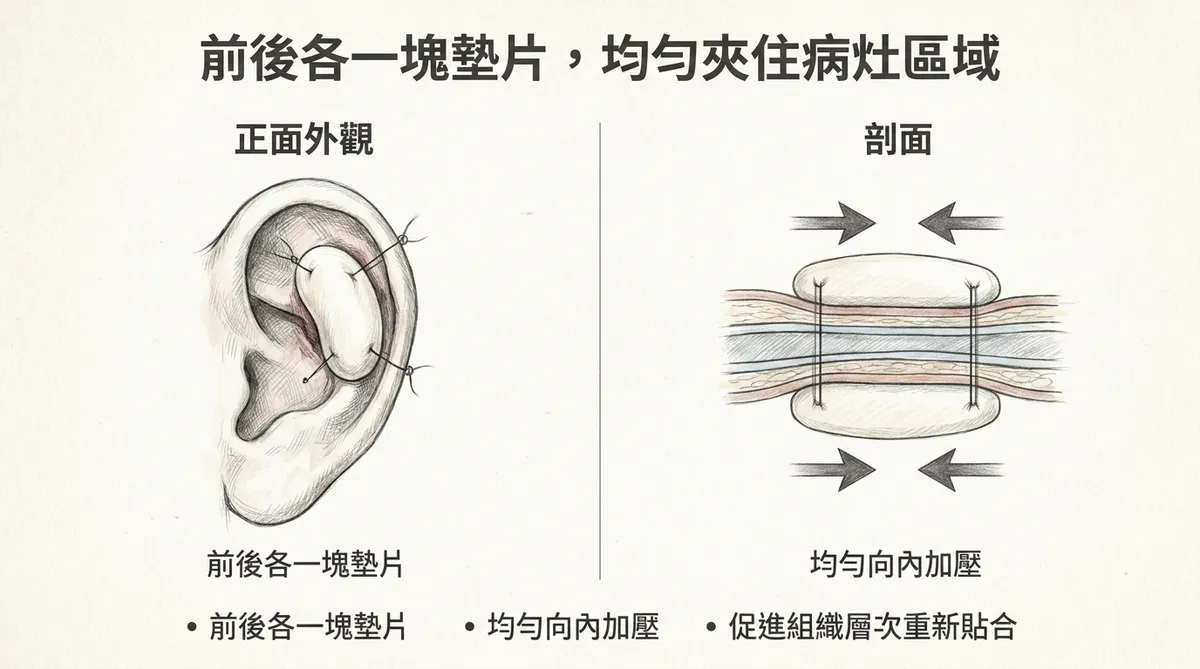 前後各一塊墊片均勻夾住病灶區域:正面外觀與剖面均勻向內加壓促進組織層次重新貼合圖解