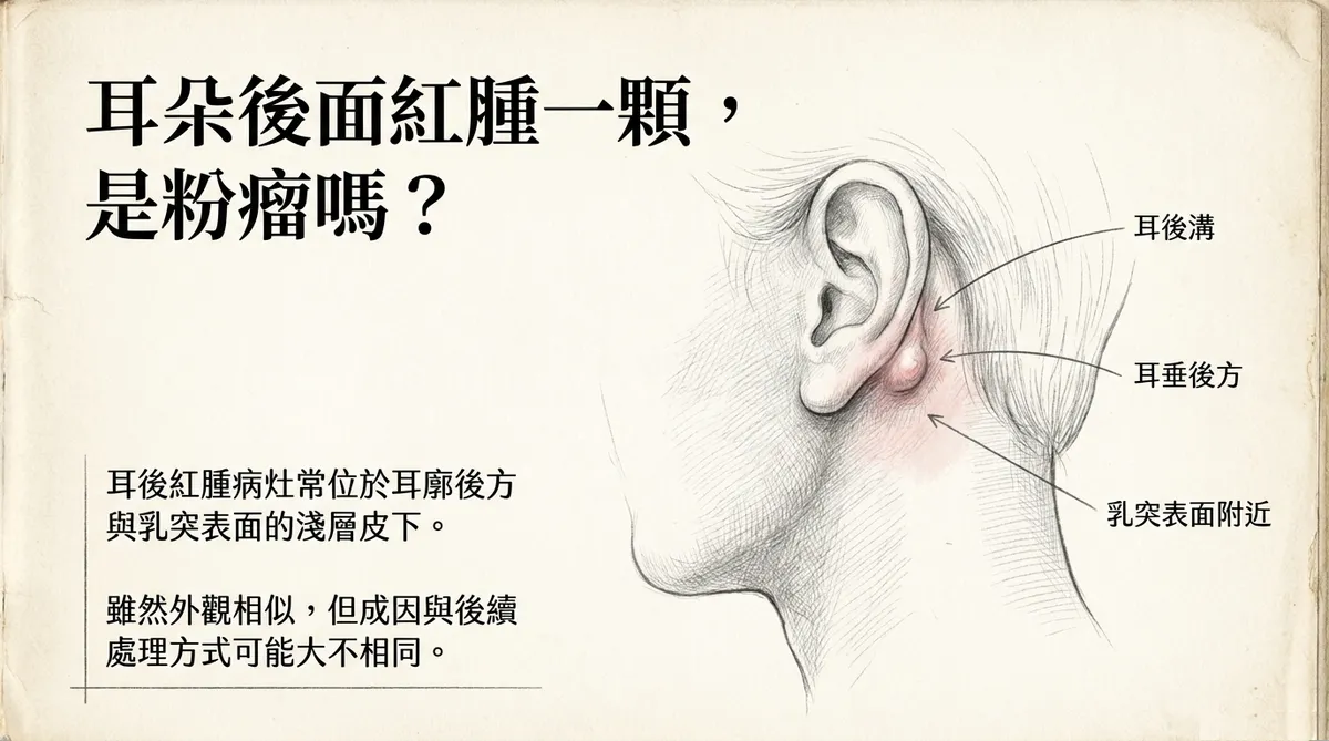 耳朵後面紅腫一顆是粉瘤嗎?耳後溝、耳垂後方與乳突表面解剖示意圖