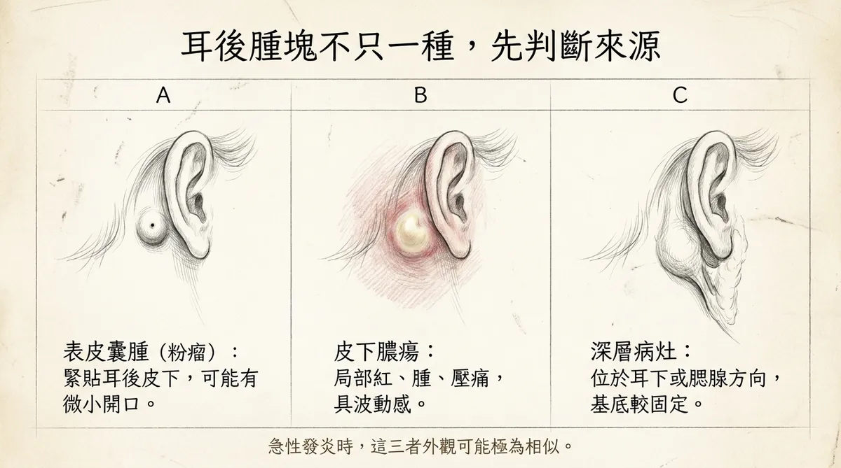耳後腫塊不只一種先判斷來源:表皮囊腫粉瘤、皮下膿瘍與深層病灶鑑別圖