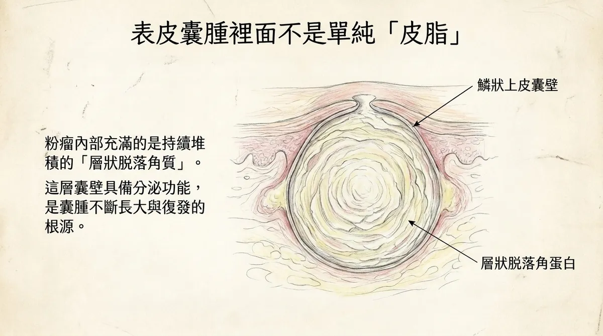 表皮囊腫裡面不是單純皮脂:鱗狀上皮囊壁與層狀脫落角蛋白解剖結構圖