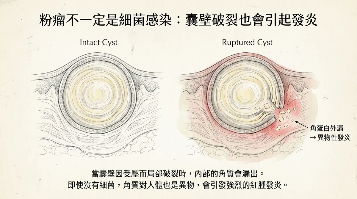 粉瘤不一定是細菌感染:完整囊腫與囊壁破裂角蛋白外漏異物性發炎對照圖