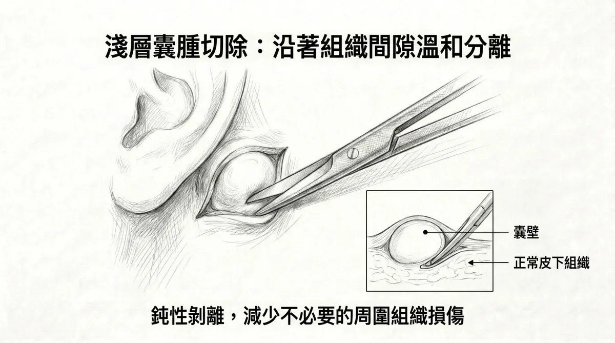 淺層囊腫切除沿著組織間隙溫和分離:鈍性剝離減少周圍組織損傷手術技術圖解