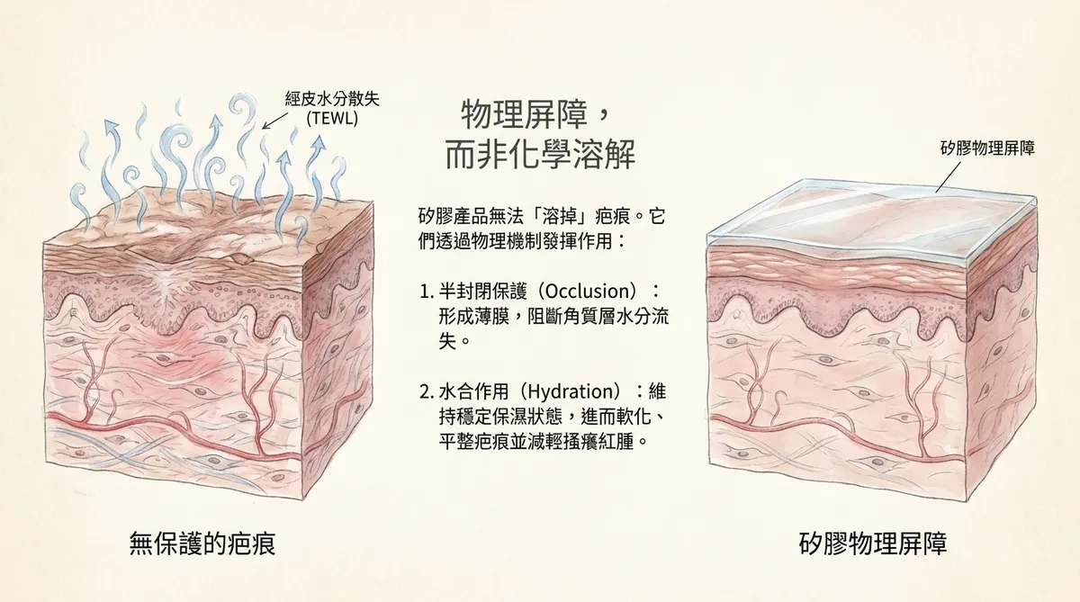 物理屏障而非化學溶解：無保護的疤痕經皮水分散失與矽膠物理屏障半封閉水合機制示意圖