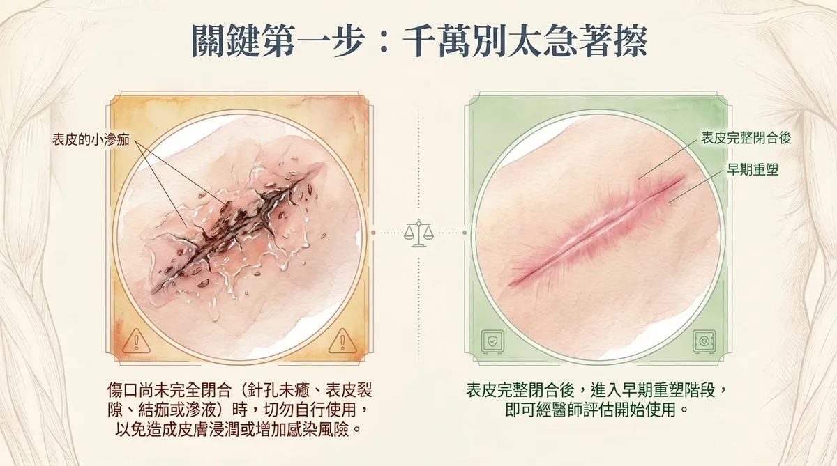 關鍵第一步千萬別太急著擦：傷口尚未完全閉合切勿使用 vs 表皮完整閉合後早期重塑使用對照圖