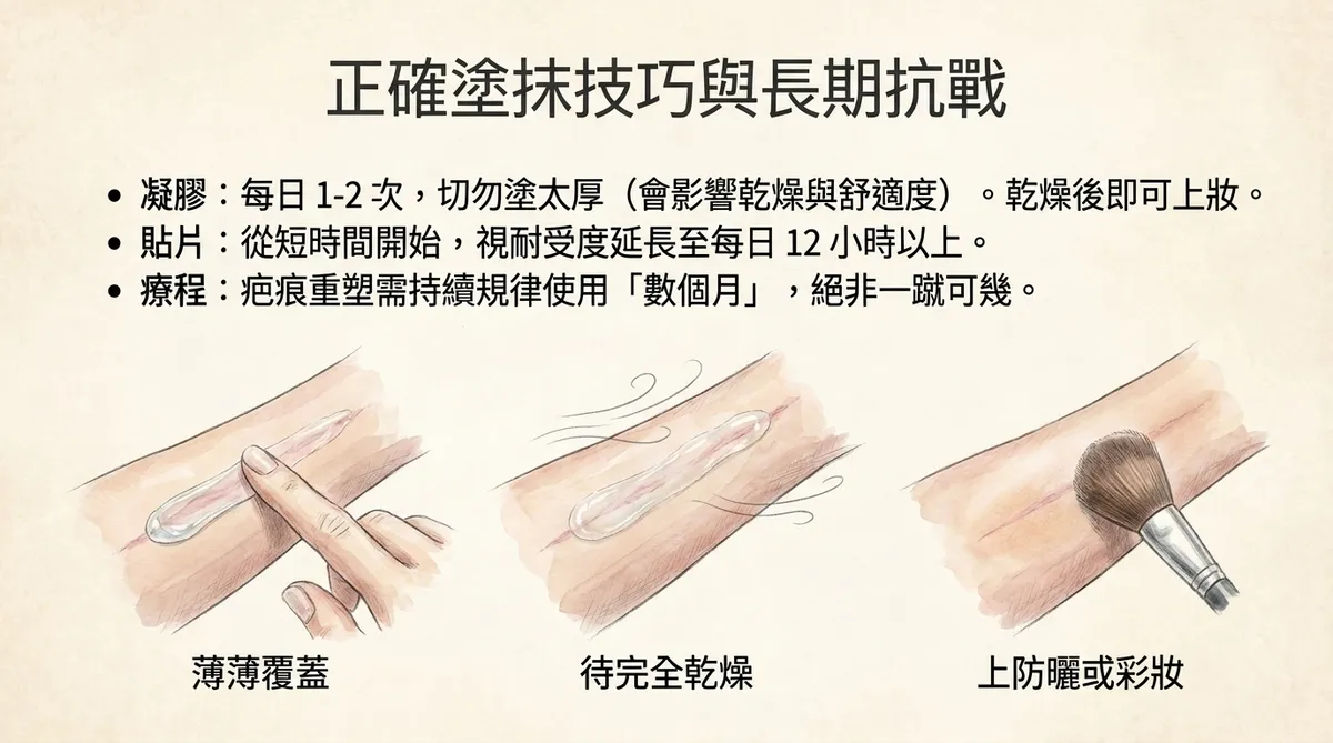 正確塗抹技巧與長期抗戰：薄薄覆蓋、待完全乾燥、上防曬或彩妝步驟說明圖