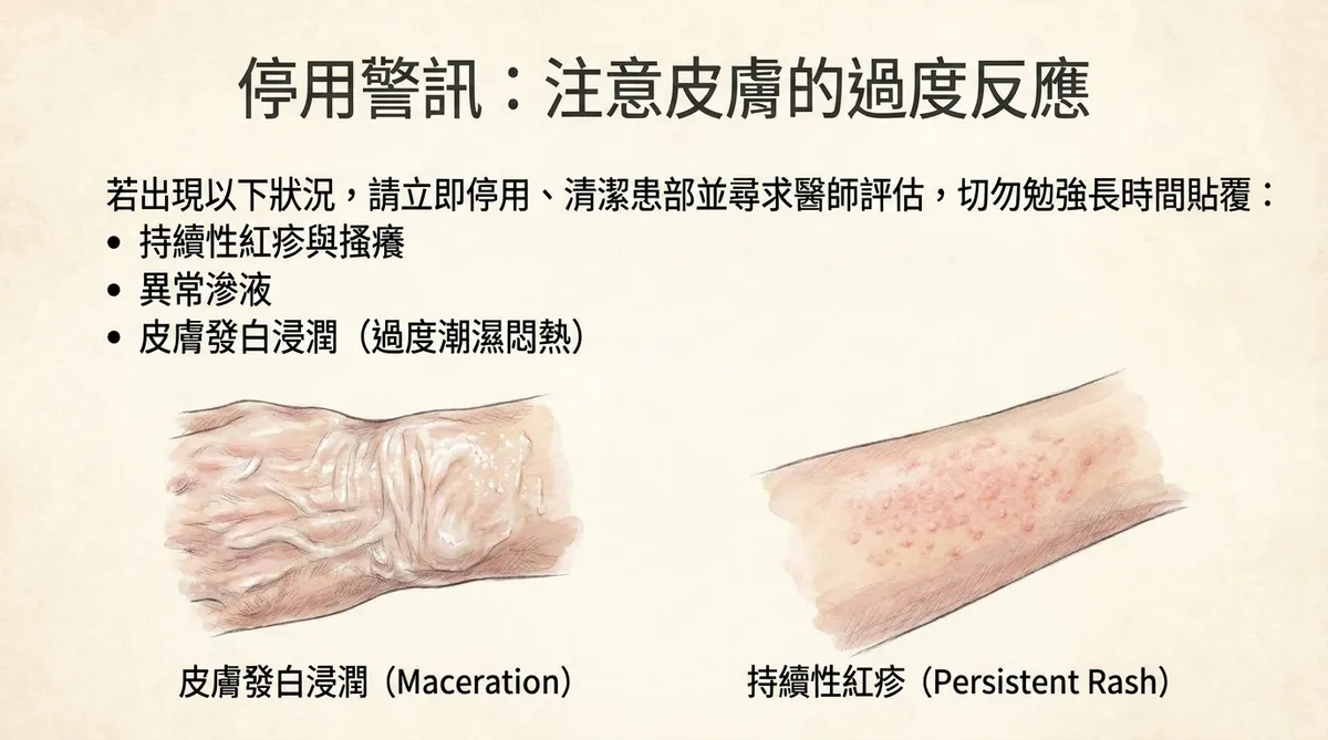停用警訊注意皮膚過度反應：皮膚發白浸潤Maceration與持續性紅疹Persistent Rash圖解