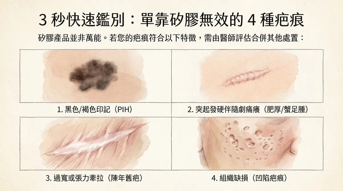 3秒快速鑑別單靠矽膠無效的4種疤痕：黑色褐色印記PIH、突起發硬痛癢、過寬張力牽拉與組織缺損凹陷疤痕圖解