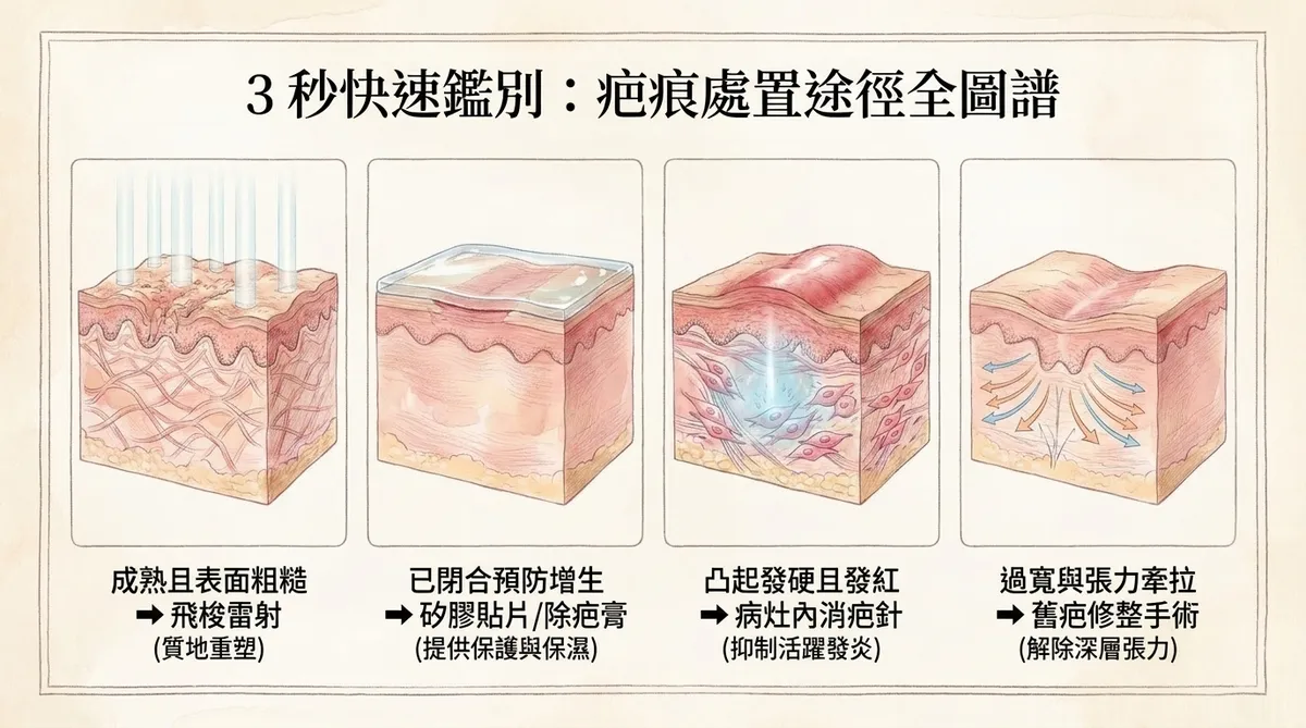 3秒快速鑑別:疤痕處置途徑全圖譜,成熟表面粗糙飛梭雷射、已閉合矽膠除疤膏、凸起發硬消疤針與過寬張力舊疤修整手術