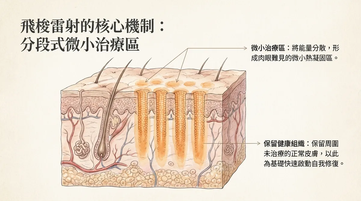 飛梭雷射的核心機制:分段式微小治療區與保留周圍未治療正常皮膚以啟動自我修復原理圖解