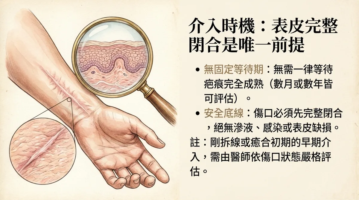 飛梭雷射介入時機:表皮完整閉合是唯一前提,無固定等待期與安全底線說明圖