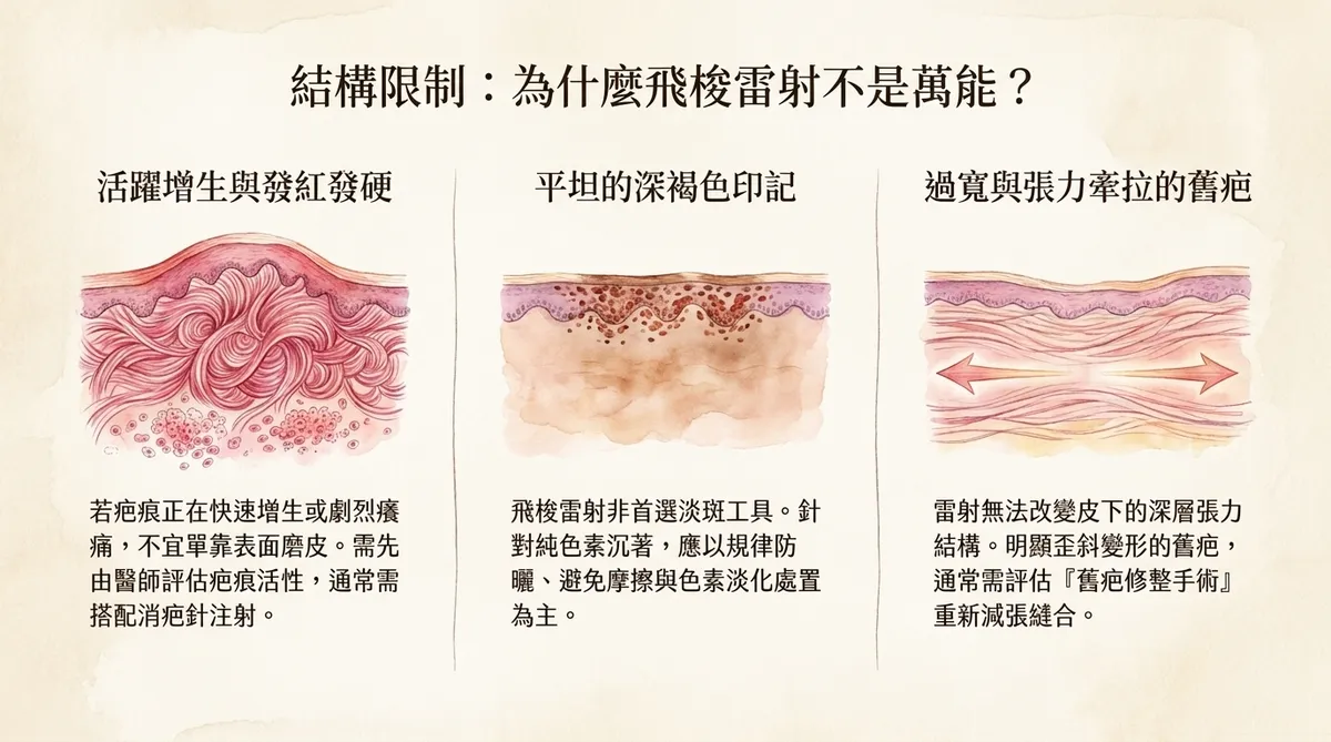 結構限制為什麼飛梭雷射不是萬能:活躍增生發紅發硬凸疤、平坦深褐色PIH與過寬張力牽拉舊疤對照圖