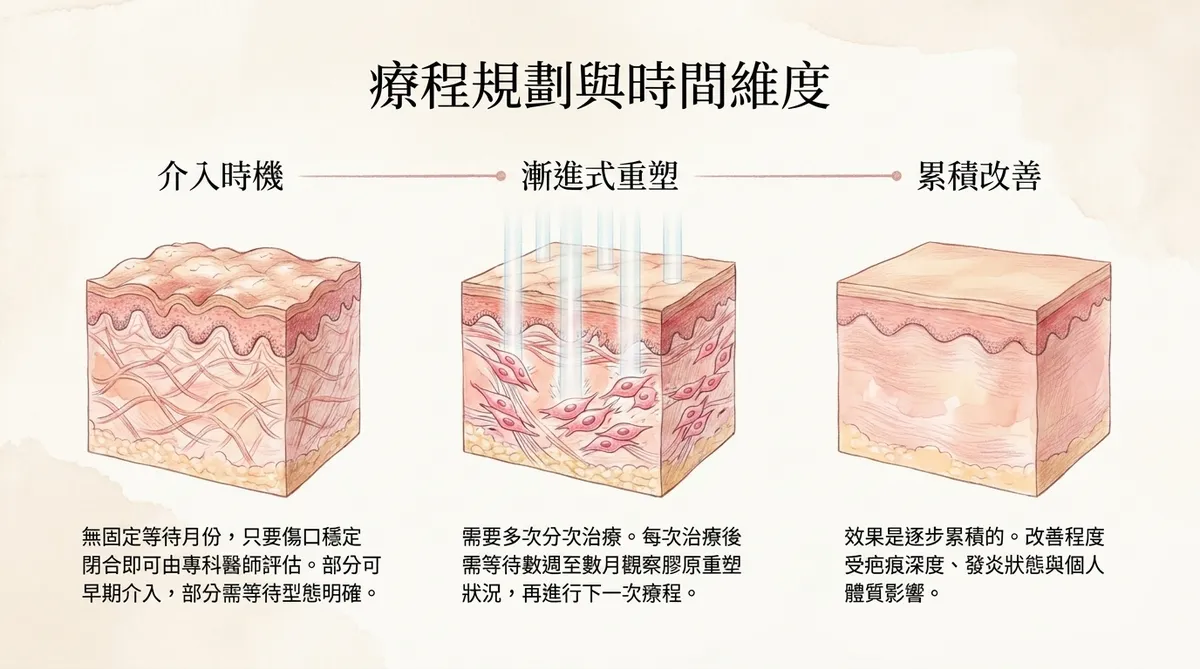 飛梭雷射療程規劃與時間維度:介入時機、漸進式重塑與累積改善之組織微觀變化歷程圖