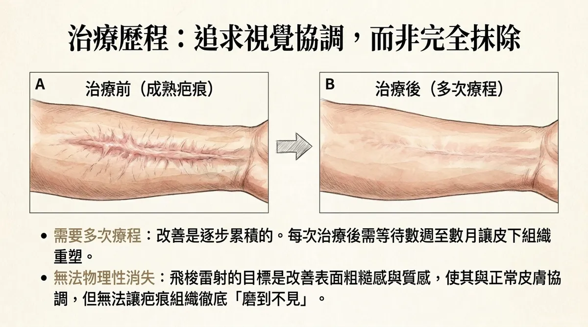 飛梭雷射治療歷程:追求視覺協調而非完全抹除,治療前成熟疤痕與治療後多次療程視覺改善對照圖