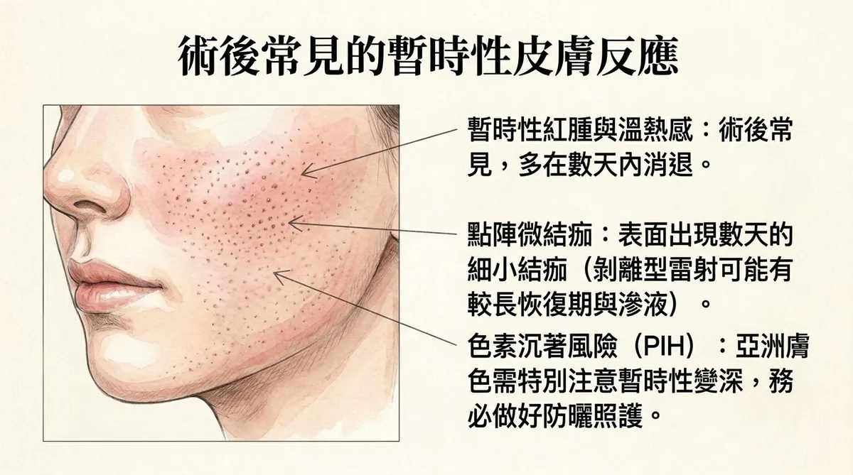 飛梭雷射術後常見的暫時性皮膚反應:暫時性紅腫溫熱感、點陣微結痂與色素沉著風險PIH圖解