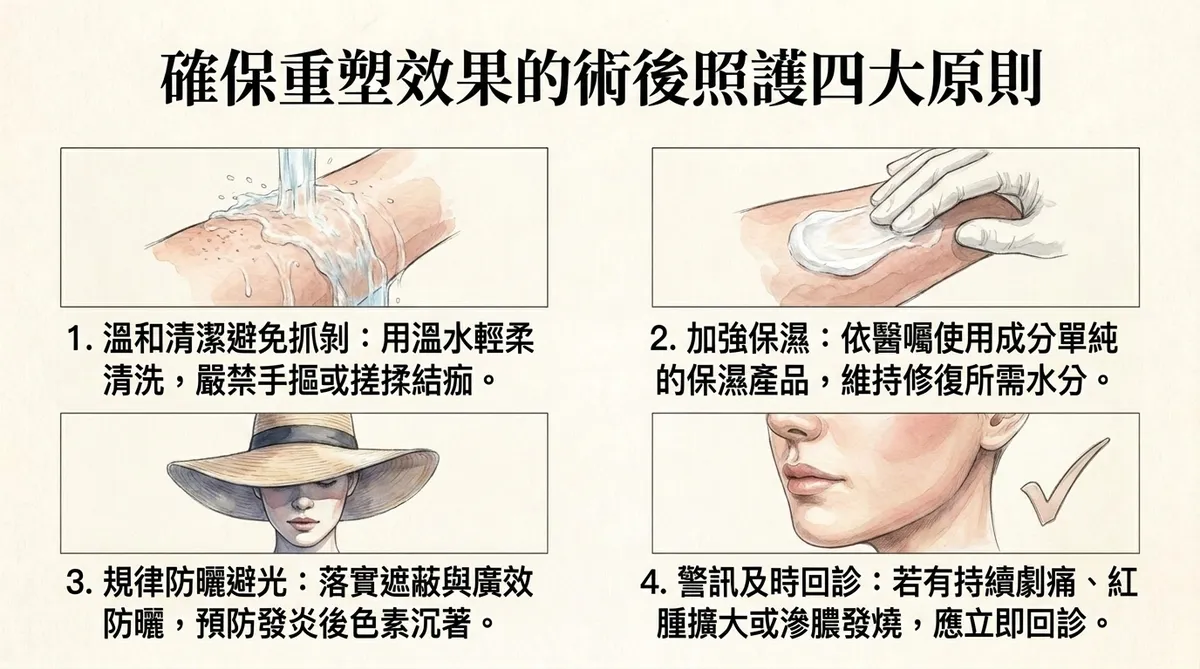 確保重塑效果的術後照護四大原則:溫和清潔避免抓剝、加強保濕、規律防曬避光與警訊及時回診