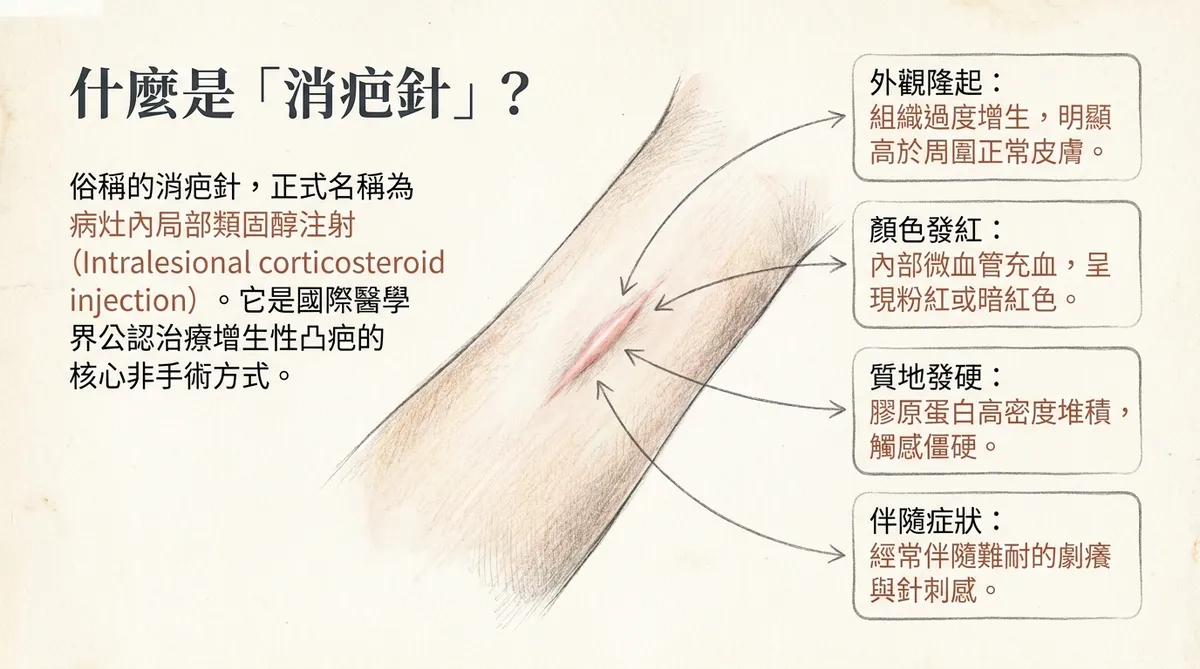 什麼是消疤針?凸疤外觀隆起、顏色發紅、質地發硬與伴隨劇癢針刺感特徵圖解
