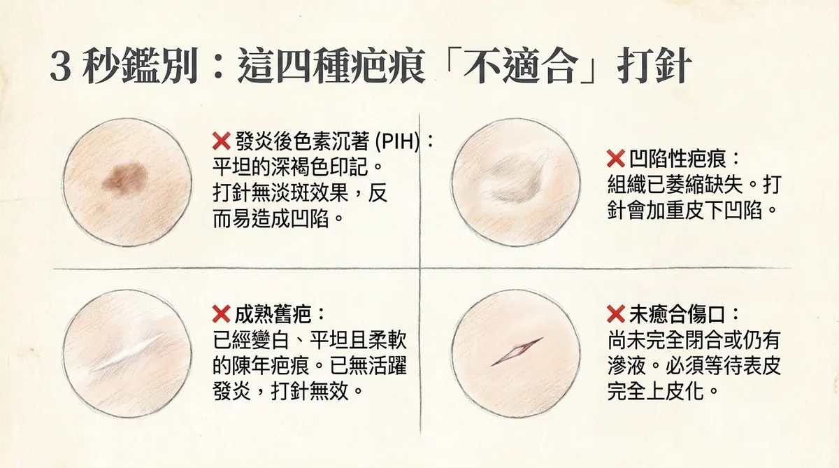 3秒鑑別:發炎後色素沉著、凹陷性疤痕、成熟舊疤與未癒合傷口等四種不適合打消疤針的疤痕圖解