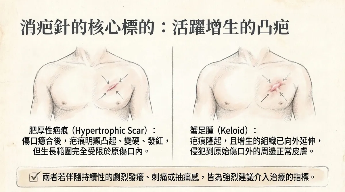 消疤針的核心標的:活躍增生的肥厚性疤痕與蟹足腫對照示意圖