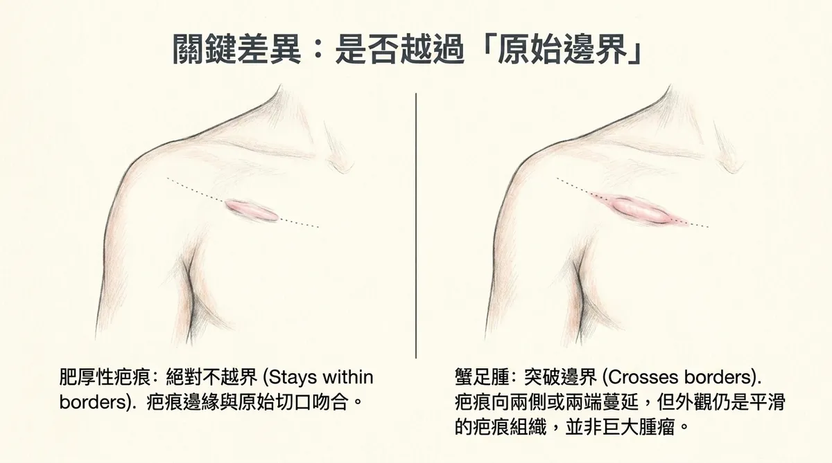 關鍵差異:肥厚性疤痕局限於原傷口內 vs 蟹足腫突破邊界向外蔓延圖解說明
