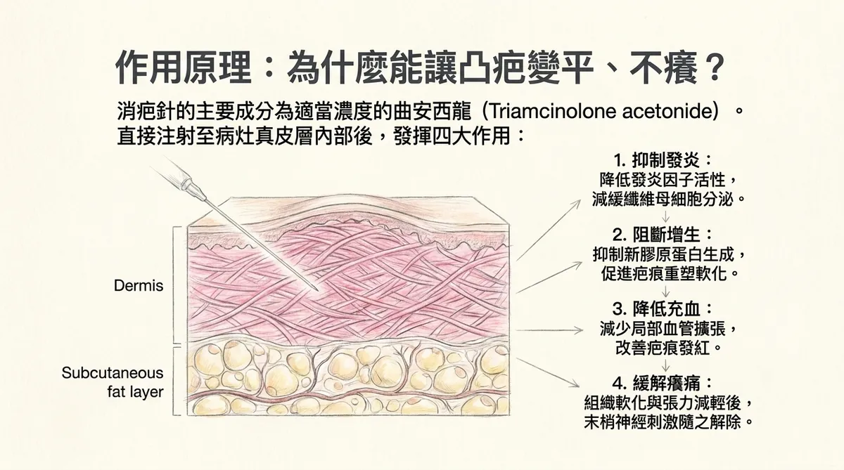 消疤針作用原理:曲安西龍抑制發炎、阻斷膠原蛋白增生、降低充血與緩解癢痛機制示意圖
