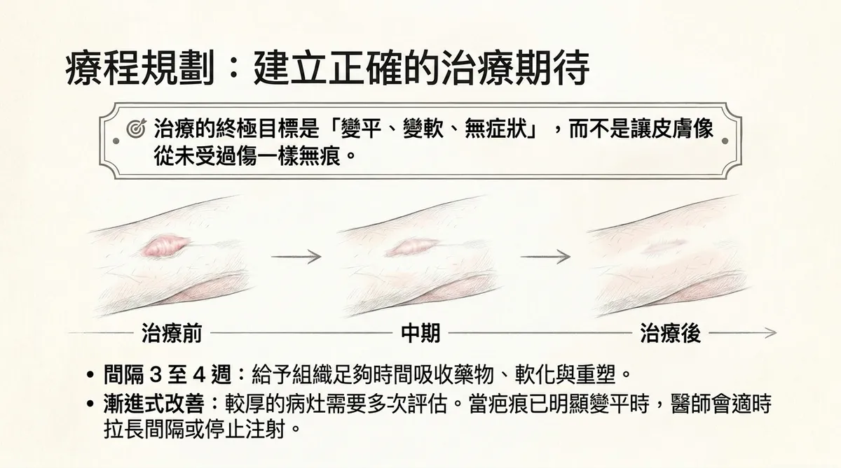 消疤針療程規劃:建立正確治療期待,治療前、中期與治療後組織漸進式改善歷程圖