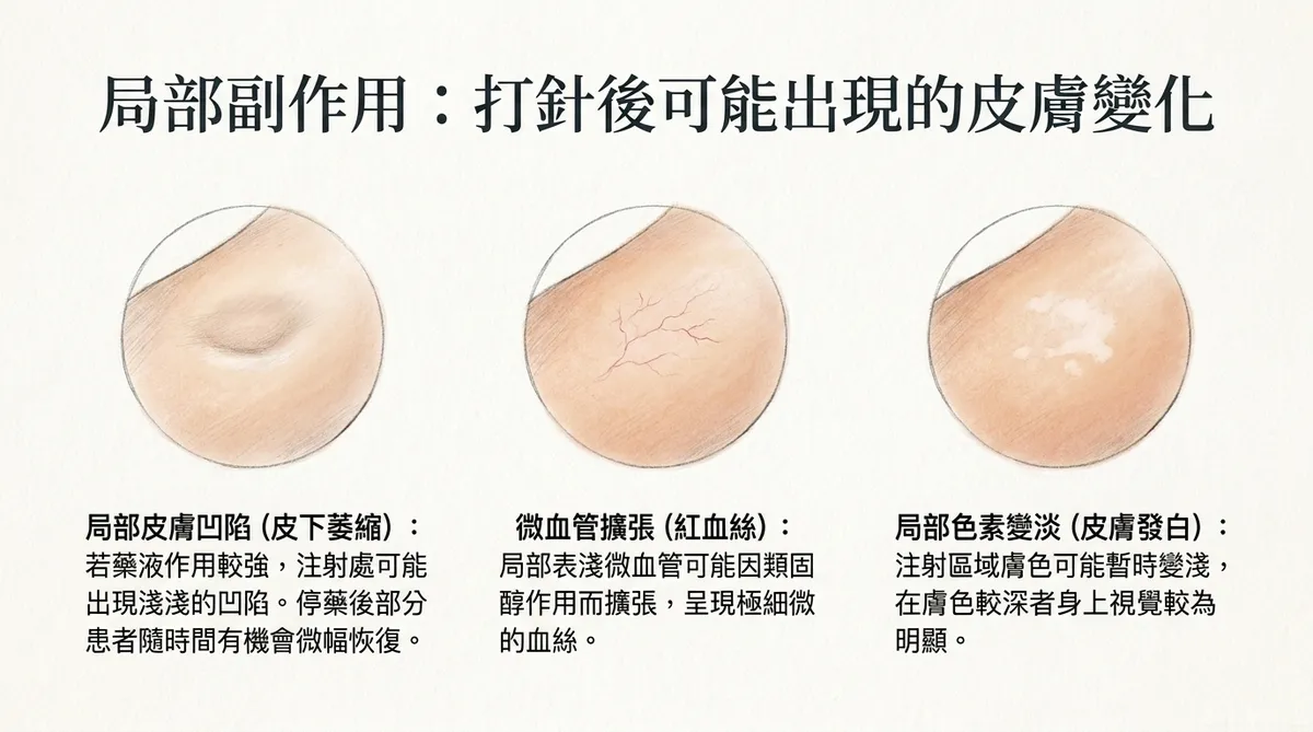 消疤針局部副作用:局部皮膚凹陷、微血管擴張紅血絲與局部色素變淡皮膚發白圖解