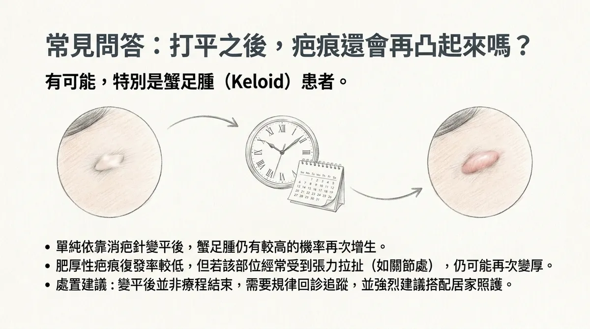 常見問答:消疤針打平之後疤痕還會再凸起來嗎?蟹足腫復發與居家照護追蹤說明圖
