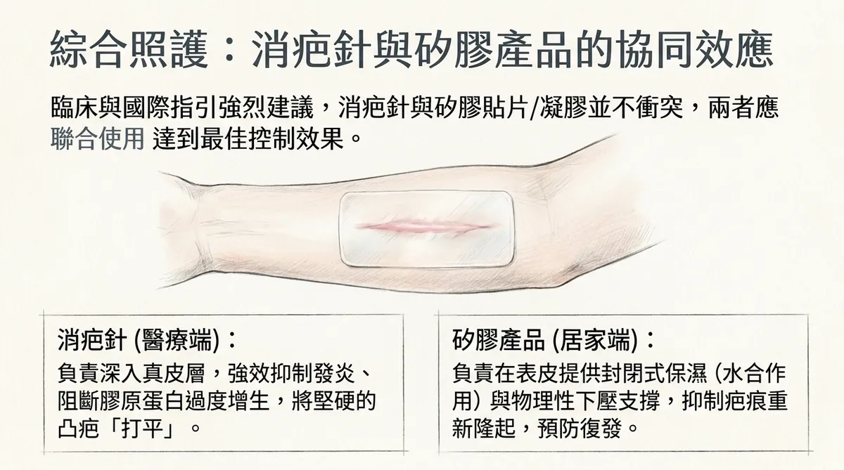 綜合照護:消疤針深入真皮抑制增生與矽膠產品表皮水合壓迫之協同效應圖解