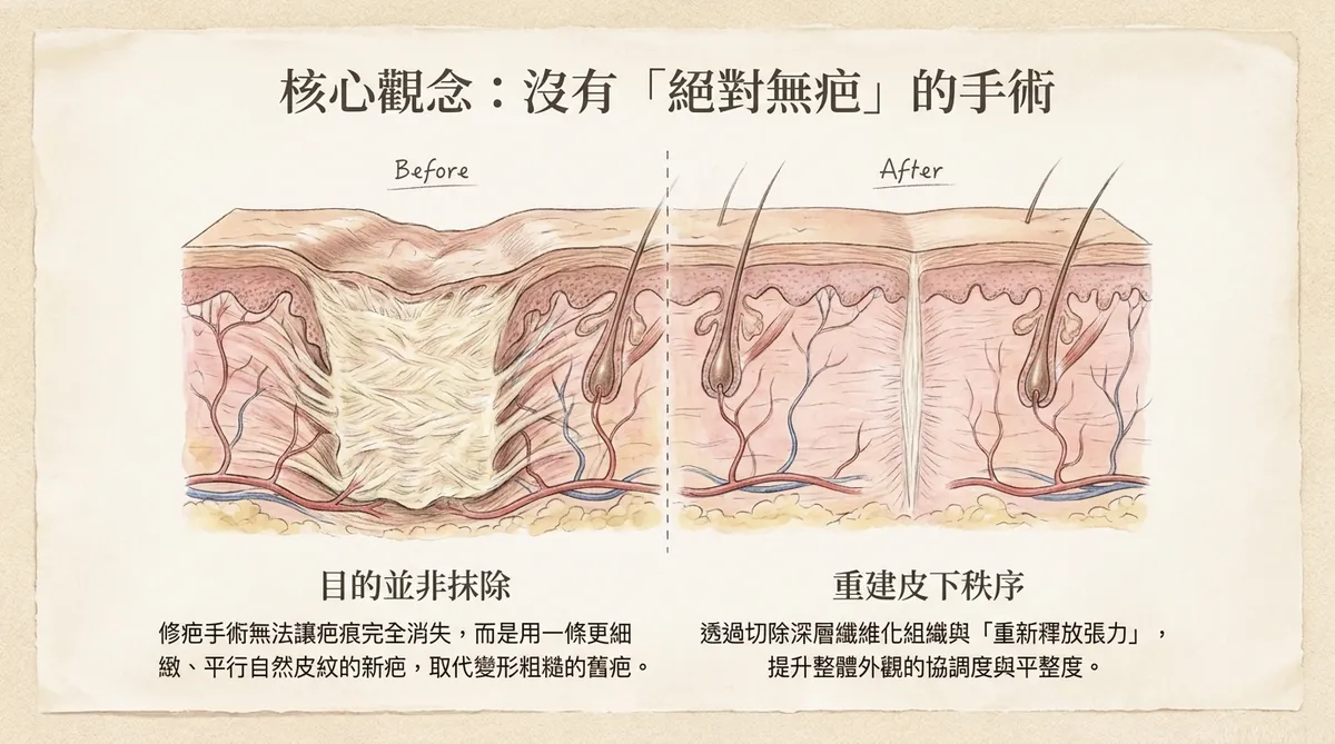 核心觀念沒有絕對無疤的手術:目的並非抹除,而是重建皮下秩序以細緻新疤取代變形粗糙舊疤圖解